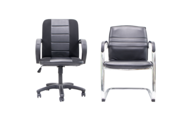 Office Chair black. Front photo chair two types structure empty for office and player from vertical with leather seat supporting structure of body. used around the world.