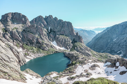 Beautiful mountain lake in Corsica during the GR20 hike.