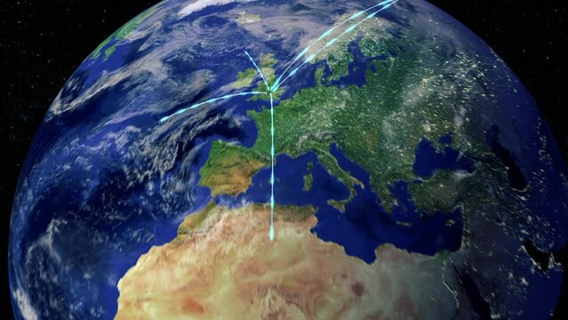 Zoom out of Uk, England through clouds to see the Earth from space. Also showing global growth network.