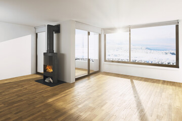 Obraz premium Wärme zur Winterzeit: Kaminofen in einem sonnigen Wohnzimmer - 3D Visualisierung