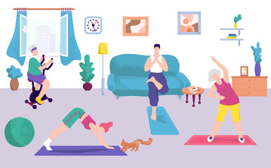 Fitness exercise at home, vector illustration. Family people at healthy sport training, woman man character workout activity lifestyle.