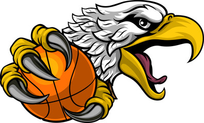 An eagle or hawk basketball ball cartoon sports team mascot - obrazy, fototapety, plakaty