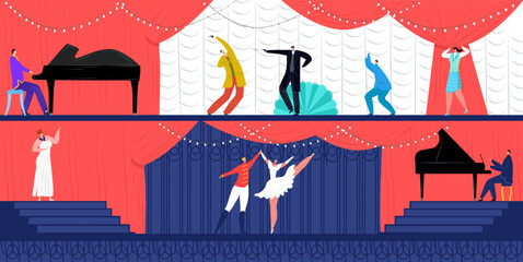 Theater flat performance at show, vector illustration. People artist character in front audience design, music drama scene at opera theater stage.