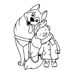 A boy walks with a cheerful husky dog. Coloring book A child with a pet. Fluffy animals in cartoon style. Vector illustration isolated on white background.