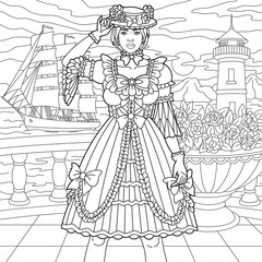 Beautiful woman on the pier, sailing ship and lighthouse. Adult coloring book page in mandala style.