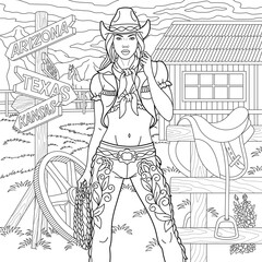 Western woman in cowboy hat. Adult coloring book page in mandala style.