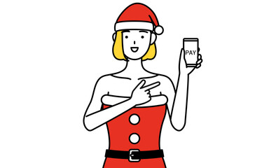 スマホのキャッシュレス・オンライン決済を勧めるサンタクロース姿の女性