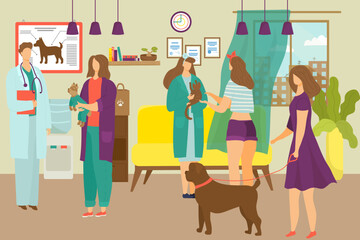 Veterinarian hospital, medicine for sick pet at vet clinic vector illustration. Veterinary specialist doctor look at animal, dog health.