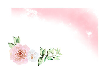 Corner floral frame of creamy white and pink roses with green leaves and pink fog isolated on white background. Hand drawn watercolor. Copy space.
