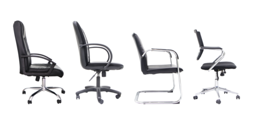 Set of photo side Chair office.  Popularly around world. Structure empty swivel for office and from vertical with cloth seats, leather seats black for supporting structure of body. Comfortable black. 