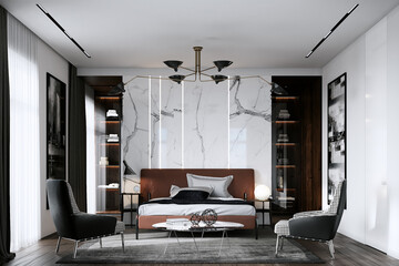 3d visualization of a modern bedroom with a dressing room. Modern interior. Expensive finishing materials