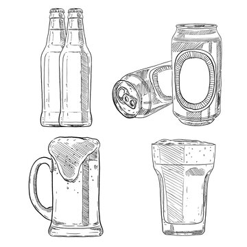 set of sketch and hand drawn element beer pint can and bottle collection set