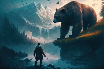 Man confront with a giant bear in the forest. fiction. fantasy scenery. concept art. - obrazy, fototapety, plakaty