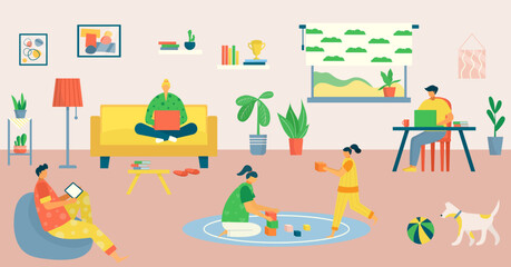 Family work at home, freelance by computer vector illustration. Mother father people freelancer use laptop, flat child play at room.