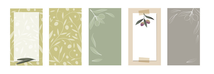 Backgrounds with vegetable motifs related to olive oil. Good for labels, invitations, packaging or social media stories. Symbol of culture and Mediterranean food.
