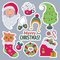 Merry Christmas sticker pack. Santa Claus, Christmas tree and cute cat in the sock. Vector illustration.