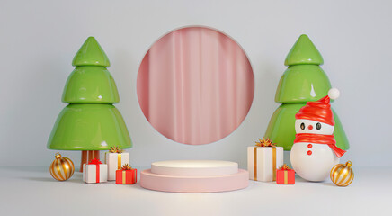 3d Abstract podium stage platform with minimal Christmas and New year background. Merry Christmas scene for product display or mock up banner. stand pedestal decoration in Xmas winter scene. 3d render
