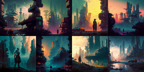 Landscape, cyberpunk, background, digital illustration