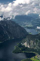 View of the mountains and lakes in the  valley a from the 5 Fingers view point at Dachstein Mountain in Austria, Alps. Hallstatt.