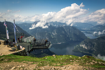 View of the mountains and lakes in the  valley a from the 5 Fingers view point at Dachstein Mountain in Austria, Alps. Hallstatt.
