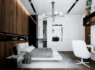 3d visualization of a modern bedroom with a dressing room. Modern interior. Expensive finishing materials