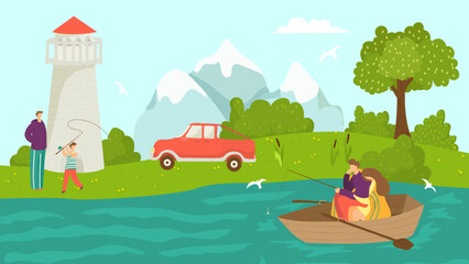 Obraz na płótnie Canvas Fishing at nature lake, vector illustration. People character leisure, hobby activity recreation at summer river water. Cartoon outdoor sport at vacation