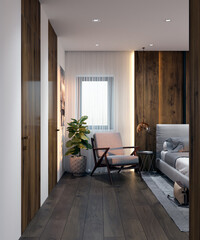 3d rendering of a modern bedroom. Wooden panels. Modern style room with wardrobe.