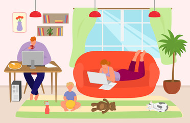 Family character work from home, workplace with laptop computer, vector illustration. Man woman at internet freelance business job.