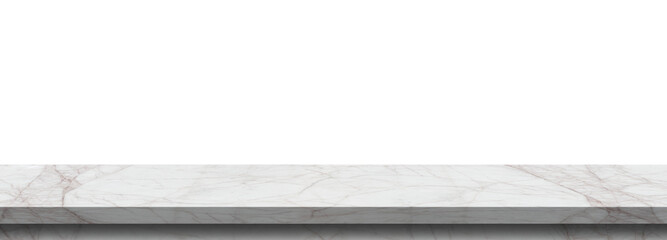 White marble table top, stone display stand, mockup of empty shelf, kitchen countertop isolated on...
