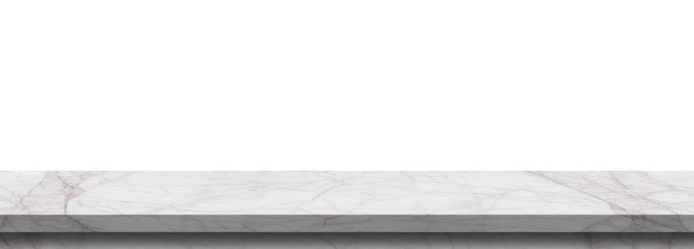White marble table top, stone display stand, mockup of empty shelf, kitchen countertop isolated on transparent background, For montage product display or design key visual layout. Png file