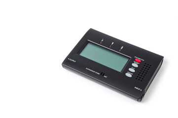 Obraz premium Tuner for tuning a bass guitar, compact, on a white background.