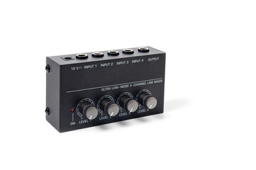 Mixing console for musical instruments for 4 channels, compact, on a white background.
