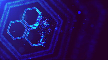 Glowing neon particles honeycomb shapes. Hexagonal nanotechnology abstract background. Abstract molecule model. Scientific research in molecular chemistry. The Graphene molecular atomic hexagonal