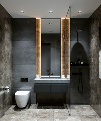 3D rendering of a modern bathroom in black and white. Loft