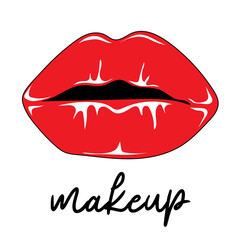 Sexy female lips with red lipstick. Makeup and beauty concept. Vector illustration