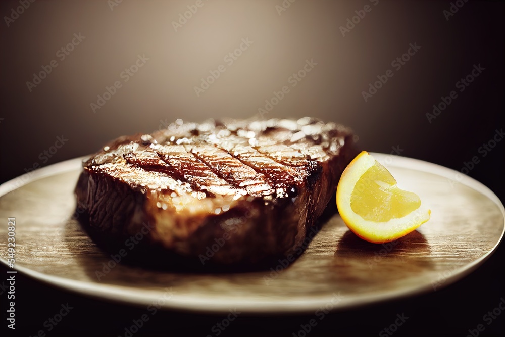 Poster a piece of steak with a lemon wedge on a plate on a table with a dark background and a light reflect