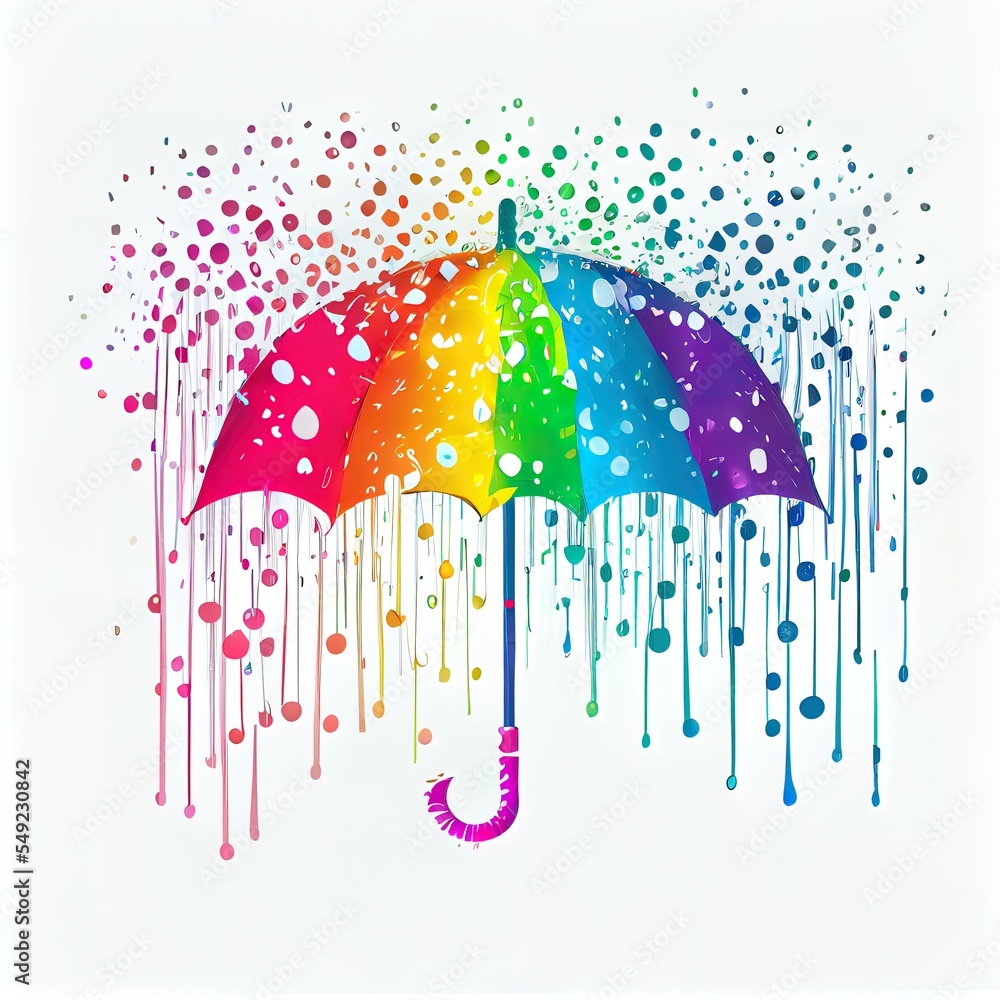 Poster a rainbow umbrella with drops of paint on it and a white background with a white background and a wh