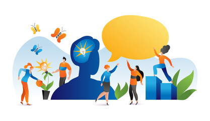 Business people communication, speech bubble about idea vector illustration. Office team group meeting, person conversation in teamwork.