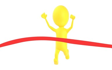 3d yellow character , athlette is about to cross the finish line