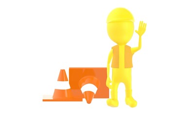 3d yellow character work men showing stop gesture , traffic cones behind