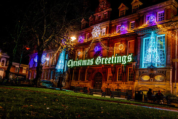 View of Leicester town hall square in the night decorated for Christmas time