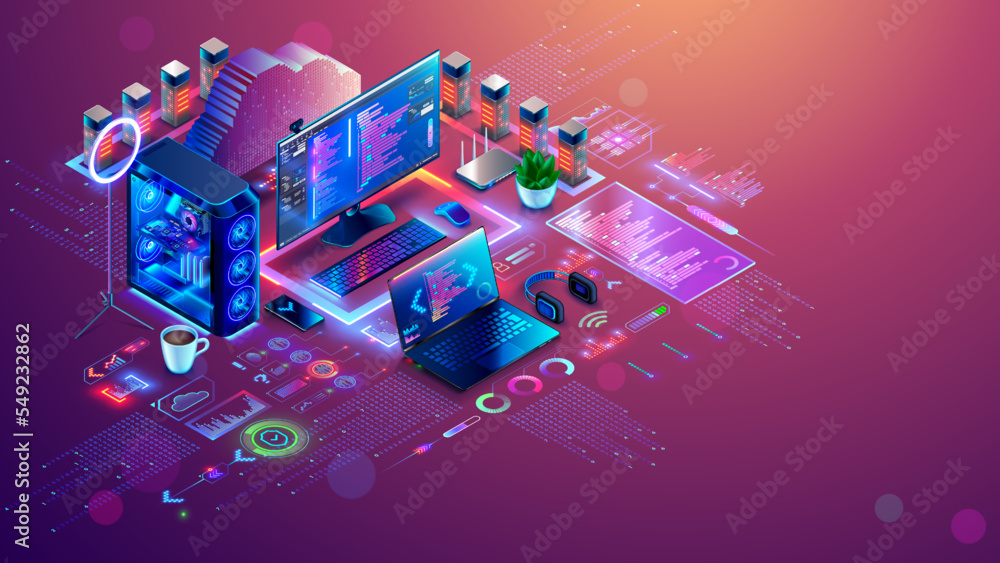 Fototapete Software development isometric concept. Web design, develop app of different devices. Create programm of laptop, PC, mobile phone. Technology process of Software develop. Computer tech illustration.