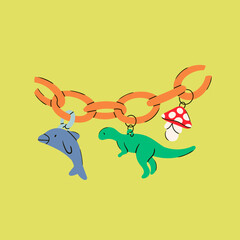 Plastic acrylic fake jewelry. Fashion colorful necklace chain with various pendants: mushroom, dinosaur, dolphin. Hand drawn isolated Vector illustration. Print, design template