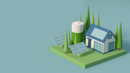 Solar-powered houses, ecology is an energy saving concept for getting free energy from the sun. Eco-friendly smart home, 3d render.