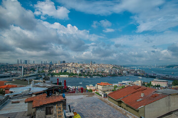 Fototapeta premium Istanbul, Turkey, June 7, 2015: Image of Istanbul with Galata Bridge and Halic Metro Bridge on a cloudy day.