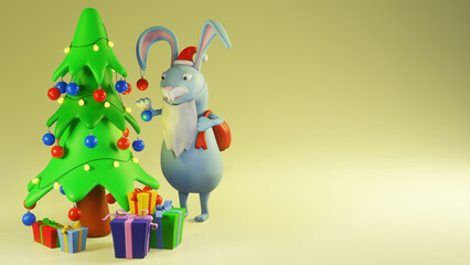 3D render with a Christmas tree, gifts and a cute hare on a yellow background. For New Year and Christmas designs, postcards, banners. Greeting card concept for the Chinese New Year of the Water Hare.