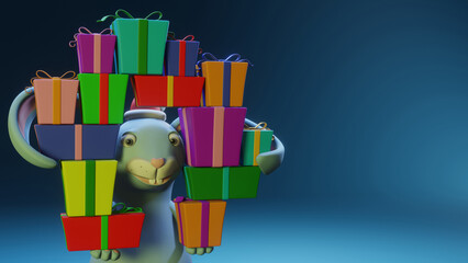 3D render with gift boxes and a hare on a blue background. For New Year and Christmas designs, postcards, banners, web. Greeting card concept for the Chinese New Year of the Water Hare.