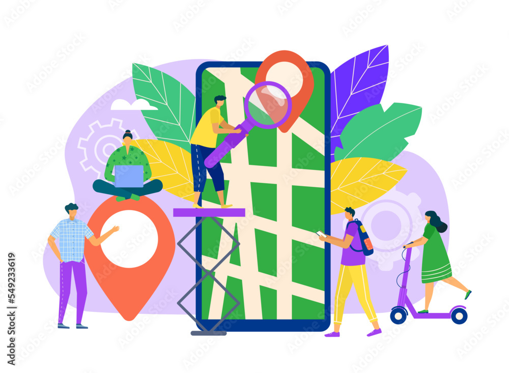 Poster map search with mobile app concept vector illustration. flat smartphone online route and location se