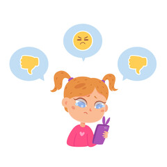 Cyber bullying of kid, sad crying girl holding phone, watching mockery in social media