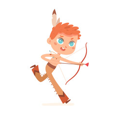 American Indian boy running with bow and arrow, happy kid in tribal costume and feather